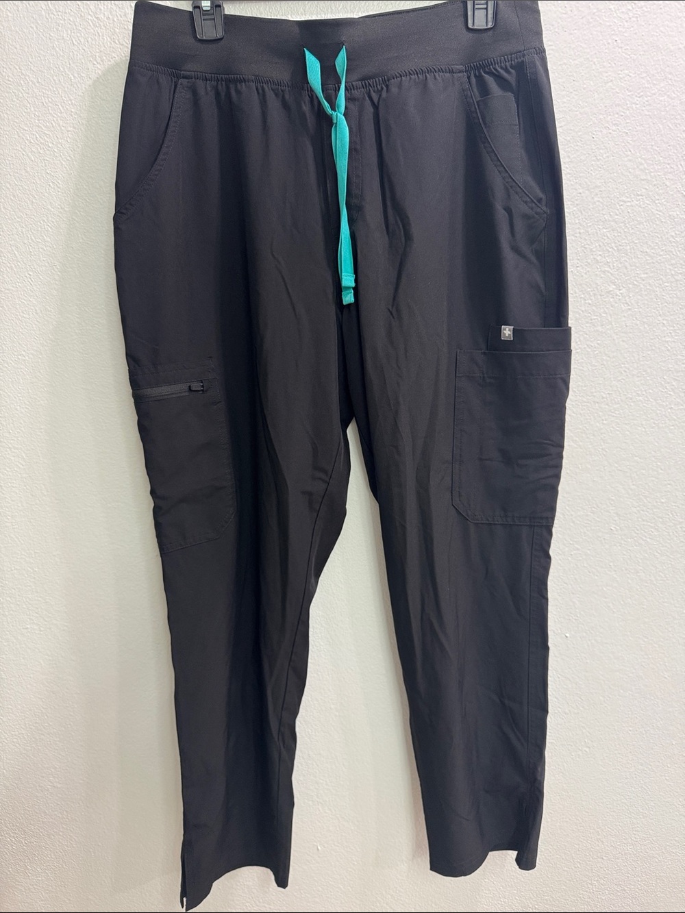 Figs Black Cargo Jogger Pants with Teal Drawstring